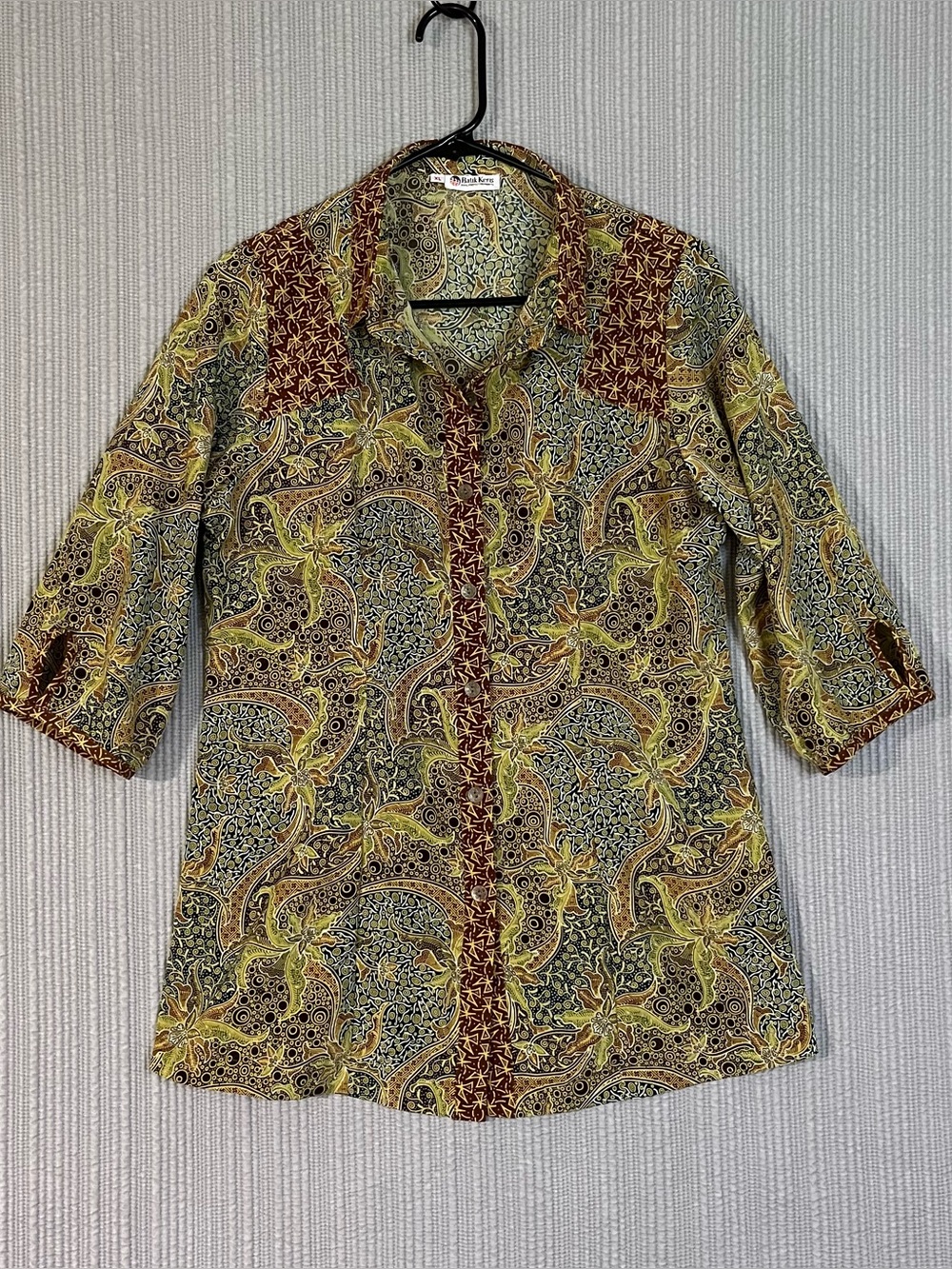 Batik Keris Button Down Shirt Womens XL Olive Green-Cinnamon
